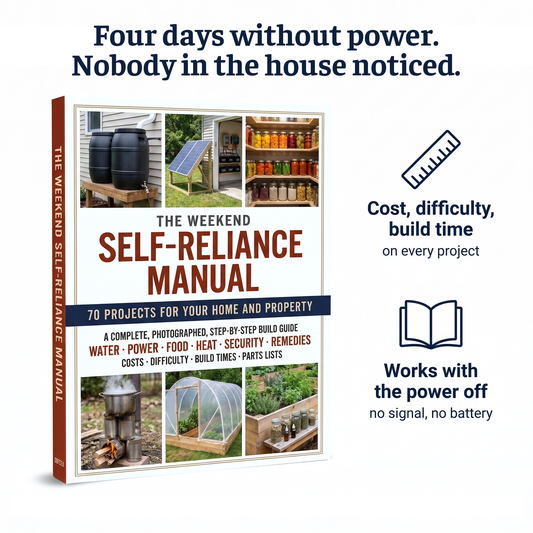The Weekend Self-Reliance Manual. Four days without power, nobody in the house noticed. Cost, difficulty and build time on every project. Works with the power off.